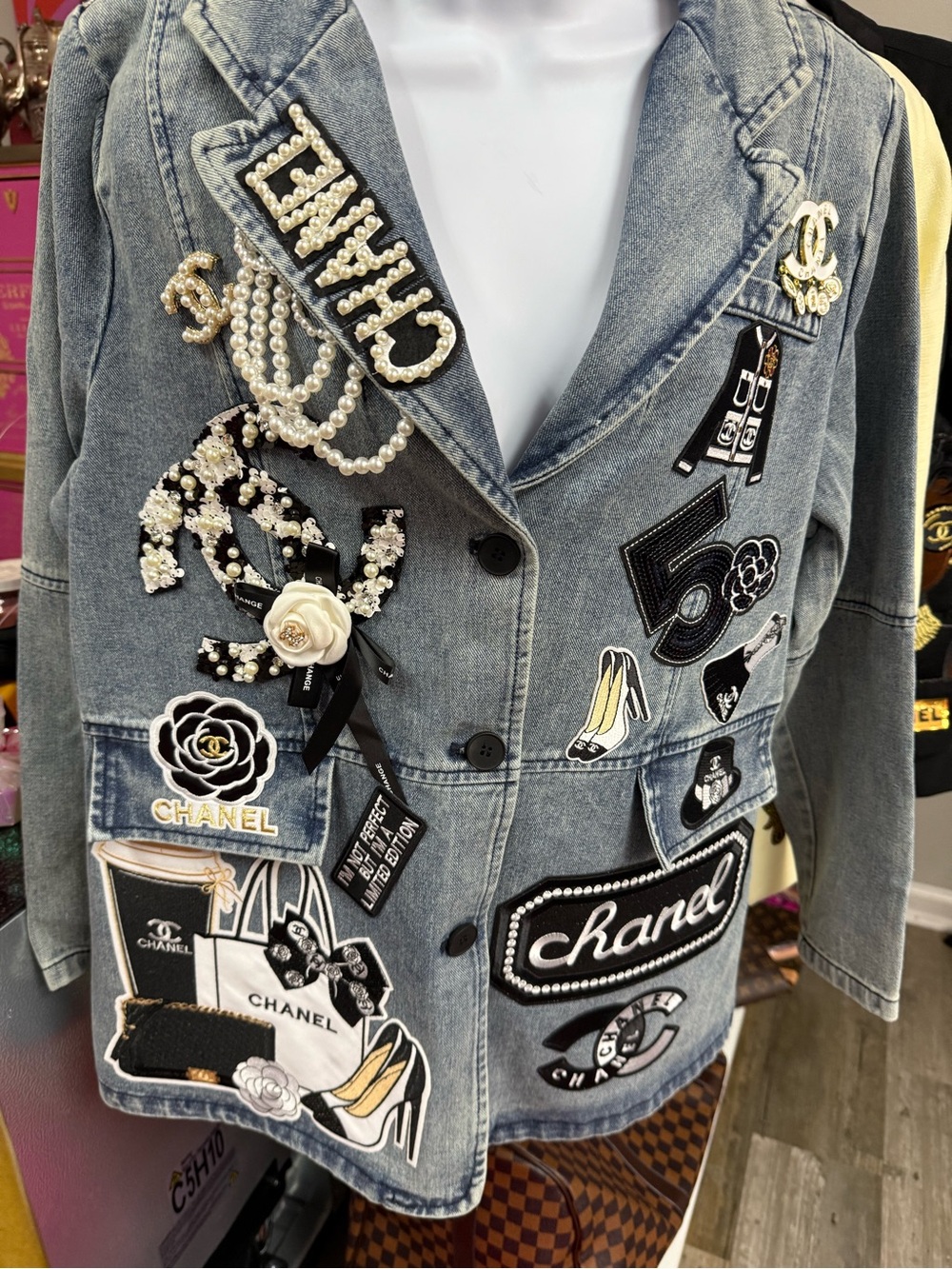 New Denim Jacket with Pearl CC & Black, White, Gold Accents